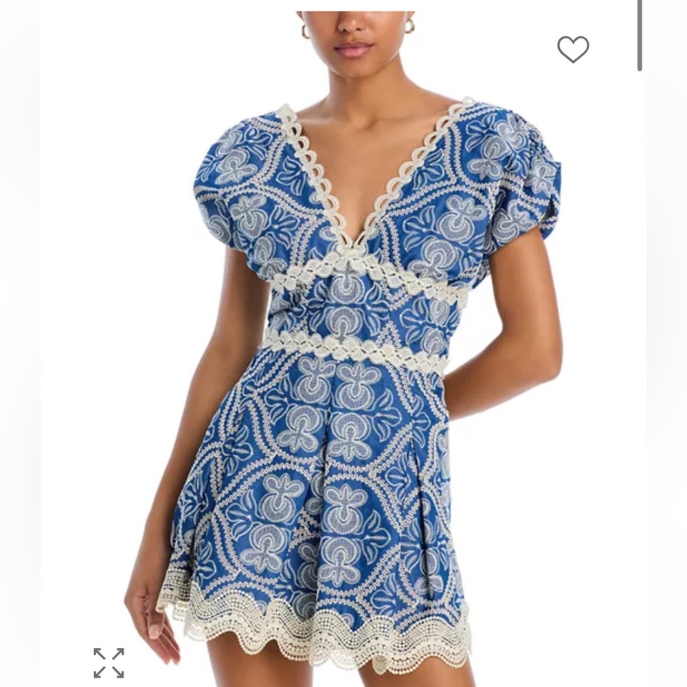 Blue Embroidered V-Neck Mini Dress with Lace Trim